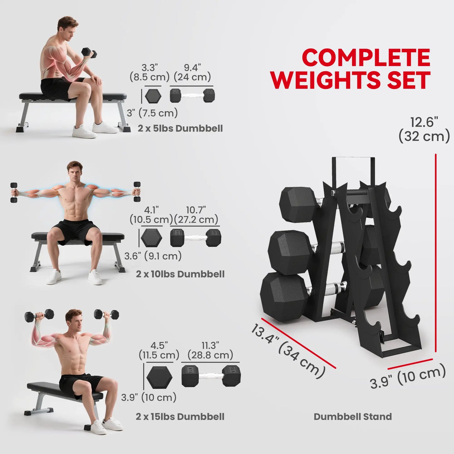 60 LBS Hex Dumbbell Set with Rack, Non-Slip Handles, Rubber Coated Dumbbells & Barbells at Gallery Canada