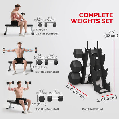 60 LBS Hex Dumbbell Set with Rack, Non-Slip Handles, Rubber Coated Dumbbells & Barbells at Gallery Canada