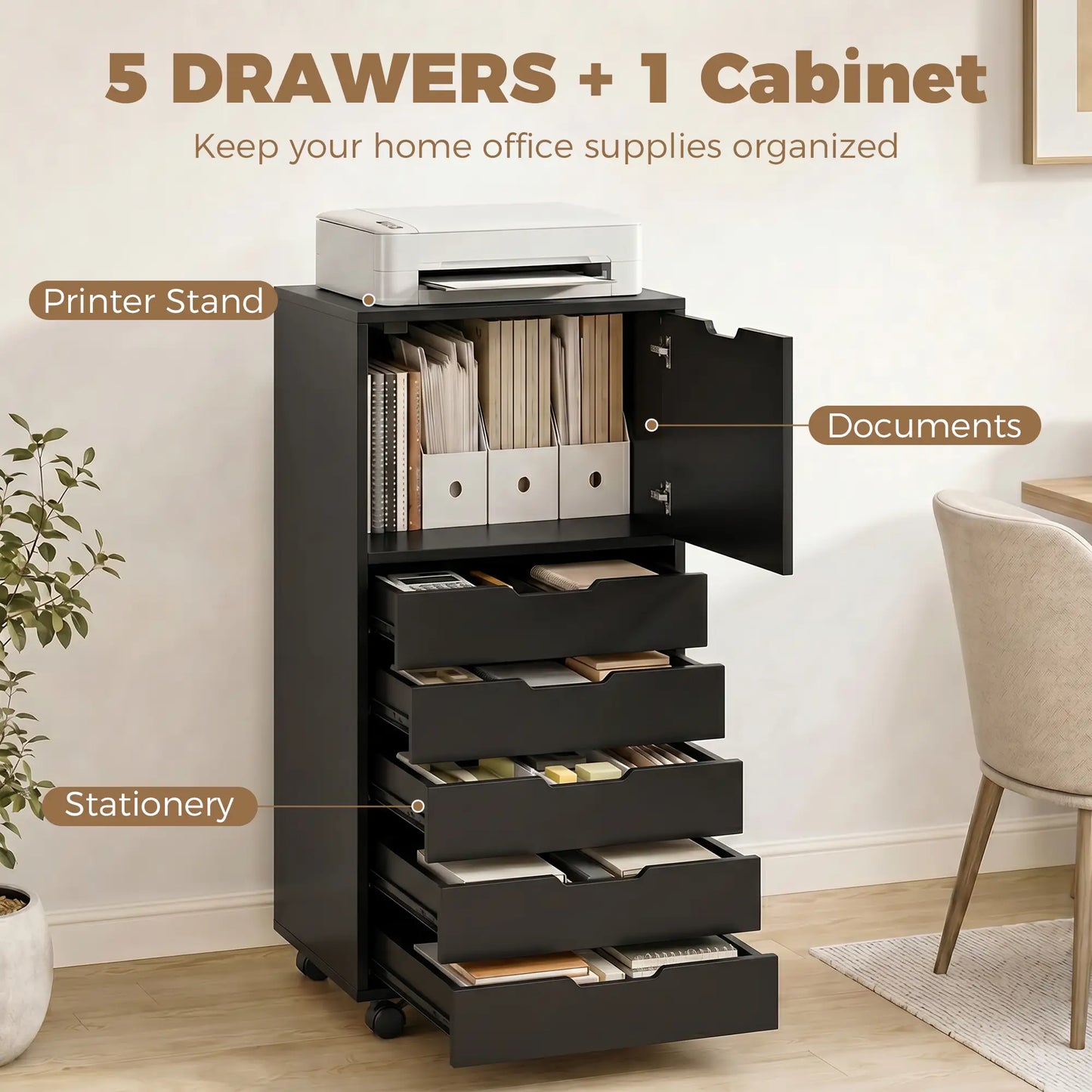 Mobile File Cabinet With 5 Drawers, Black, Black Office Cabinets & Cupboards at Gallery Canada
