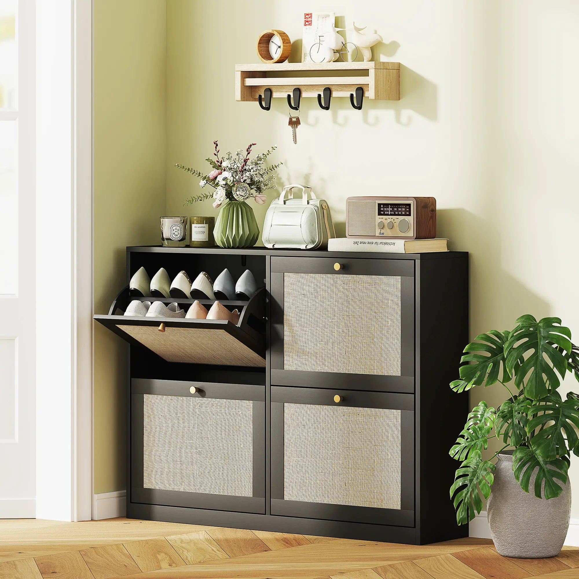 Narrow Shoe Storage Cabinet, 4 Flip Drawers, Adjustable Shelves, 20 Pairs, Black Shoe Storage Cabinets & Racks at Gallery Canada