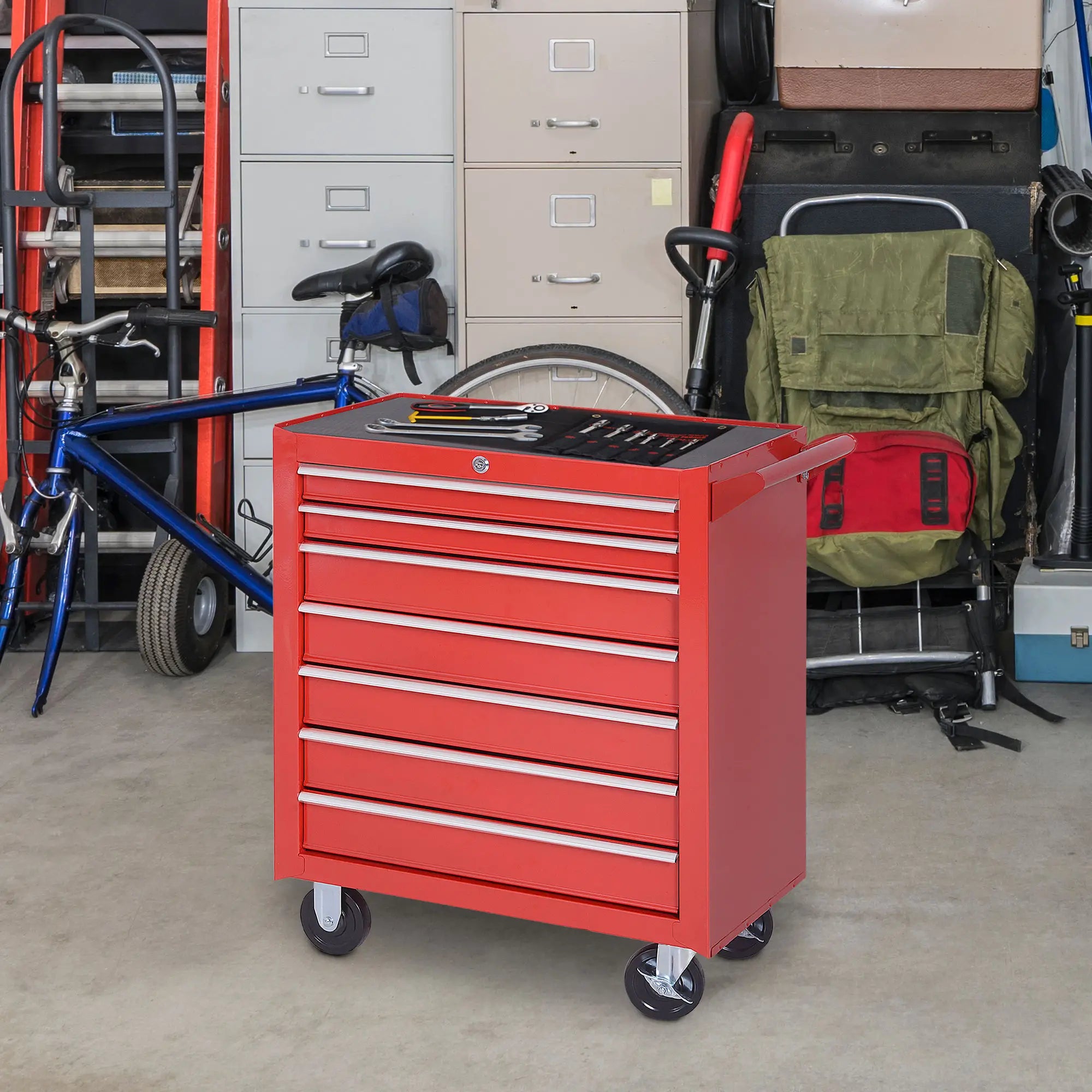 7 Drawer Roller Tool Chest, Mobile Lockable Toolbox, Red Tool Organizers at Gallery Canada