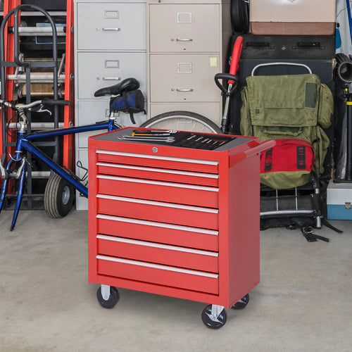 7 Drawer Roller Tool Chest, Mobile Lockable Toolbox, Red