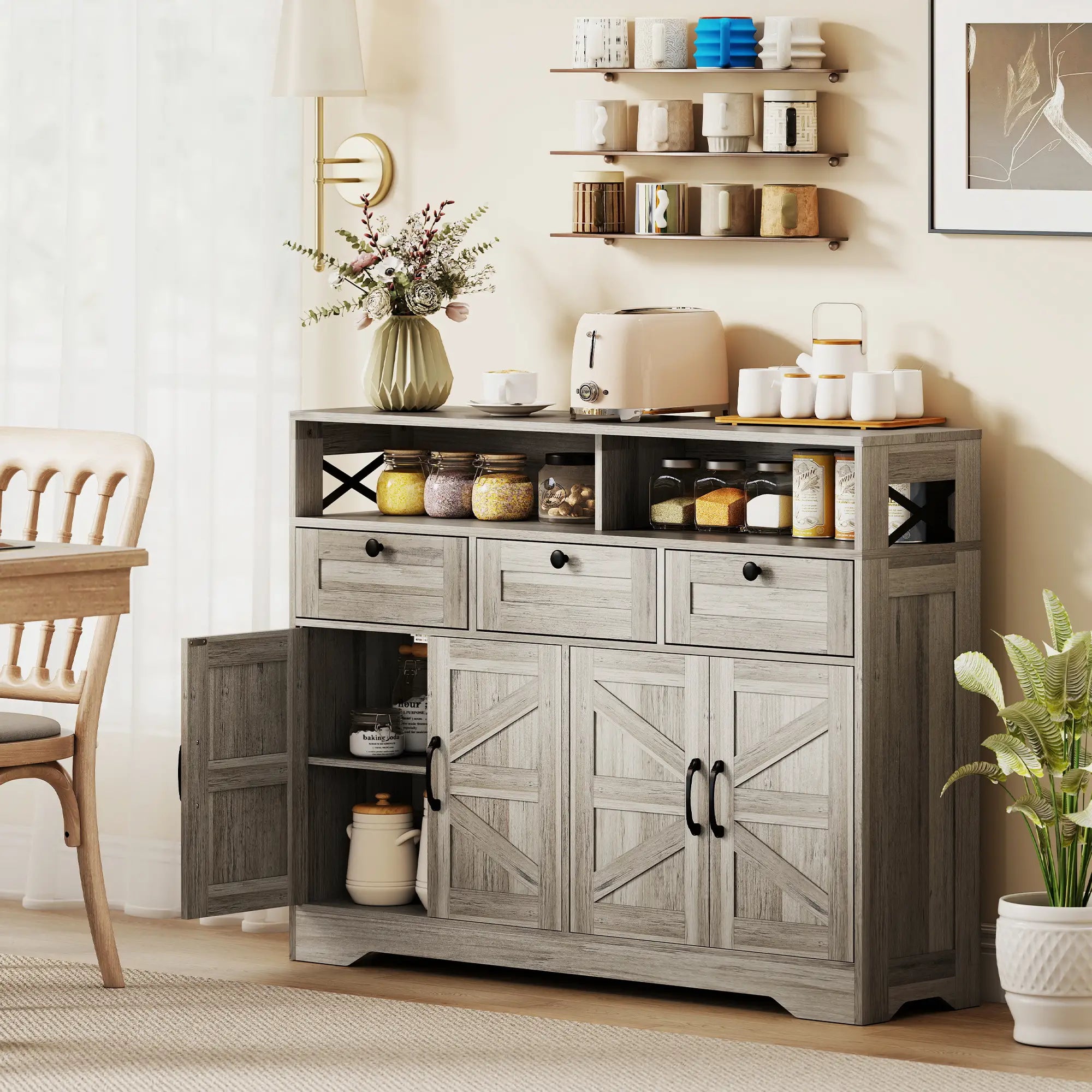 Grey Sideboard, Buffet Cabinet With 4 Barn Doors, 3 Drawers, Grey Bar Cabinets at Gallery Canada