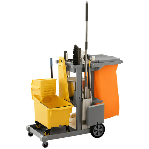 Commercial Janitorial Cart, 3 Tier Shelves, Grey