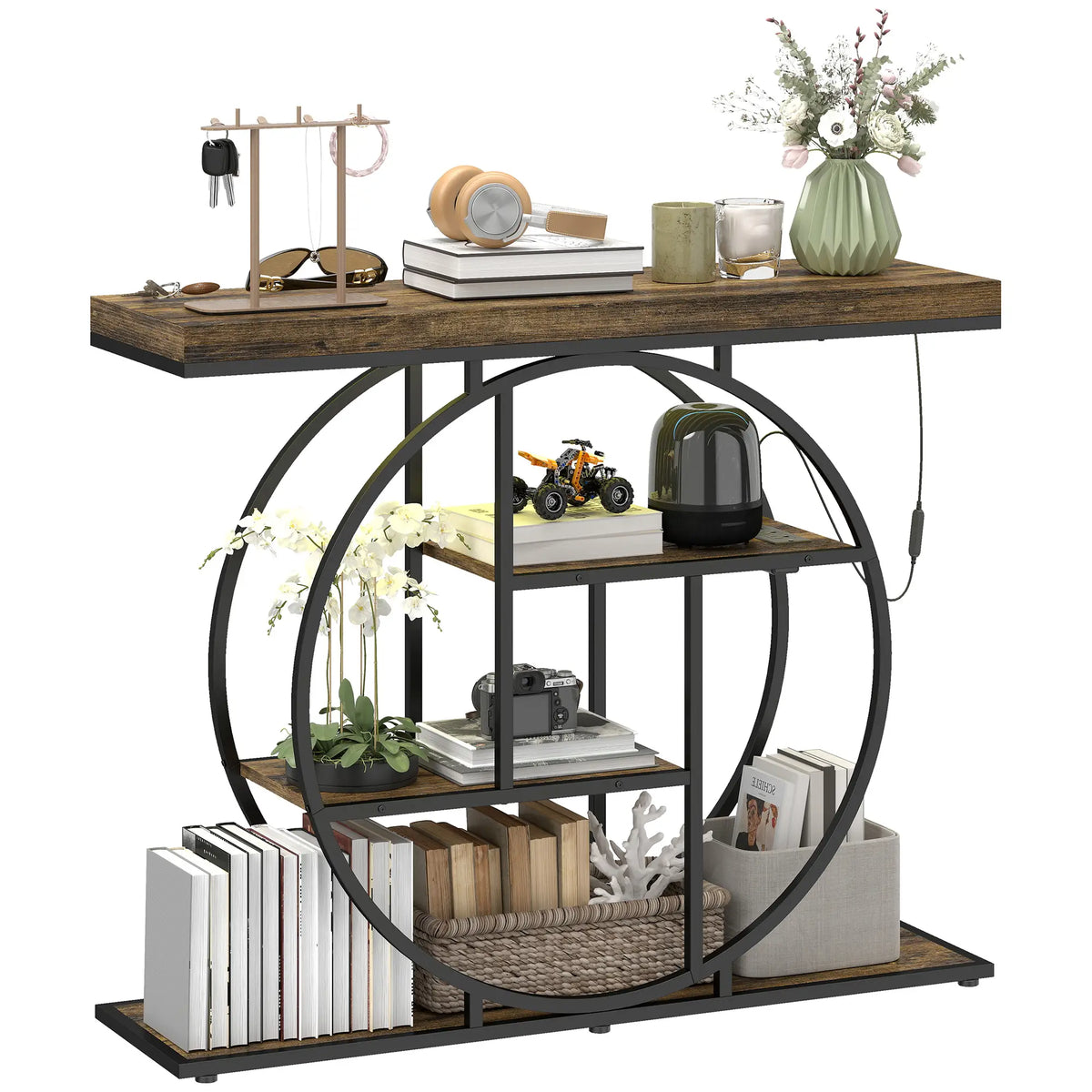4-Tier Console Table With Charging Station, LED Lights, 39", Rustic Brown