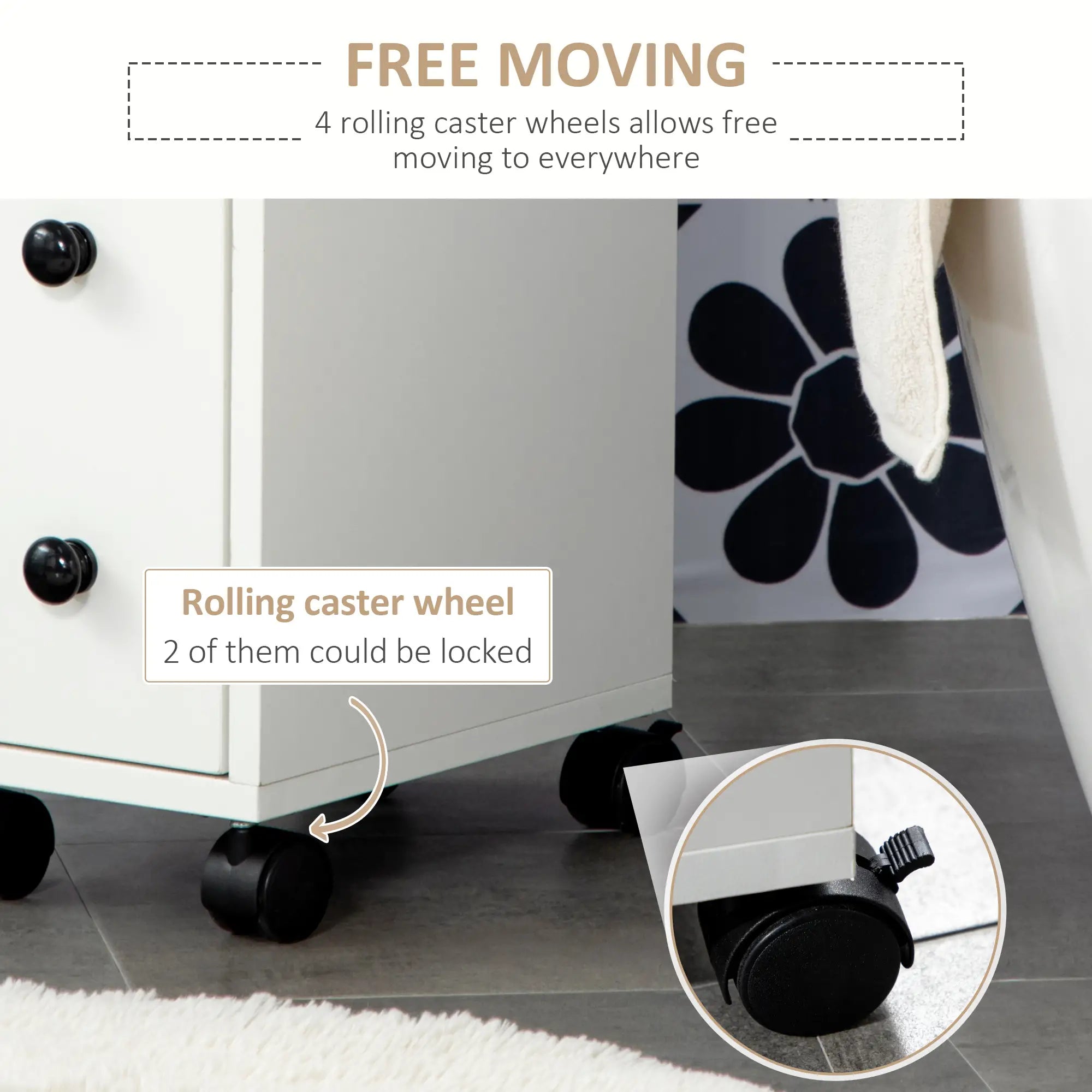 Slim Bathroom Cabinet with Wheels, Door, Drawer, 2 Compartments, White Bathroom Cabinets at Gallery Canada
