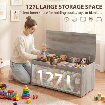 Storage Chest with Safety Hinges, Grey Wood Grain, 39.4 Inches, Grey Storage Cabinets at Gallery Canada