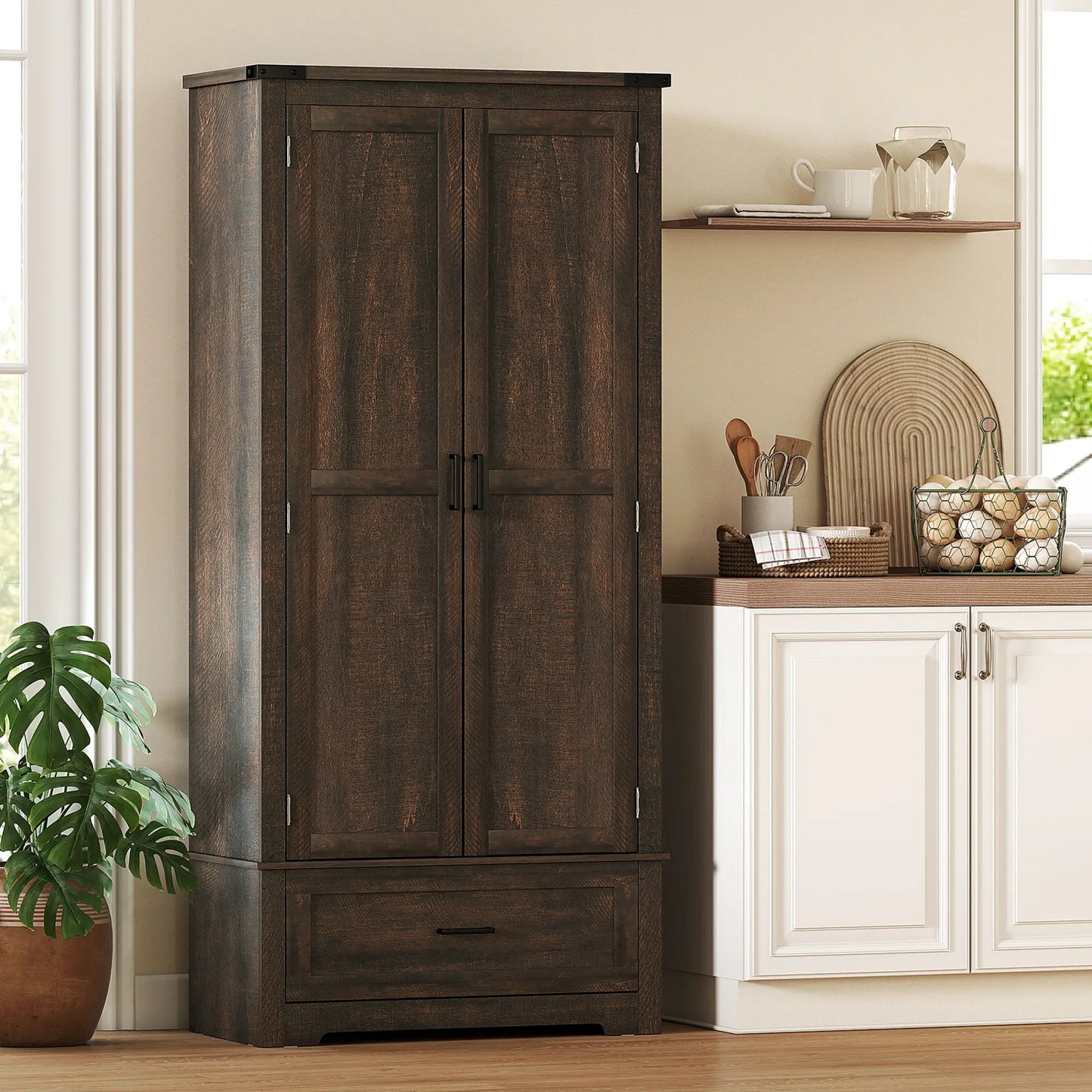 69" Tall Kitchen Pantry Cabinet, 2 Doors, Drawer, Adjustable Shelves, Dark Brown Kitchen Pantry Cabinets at Gallery Canada
