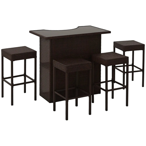 5-Piece Patio Bar Set, PE Rattan Wicker High Top Table, 4 Chairs, Dark Brown