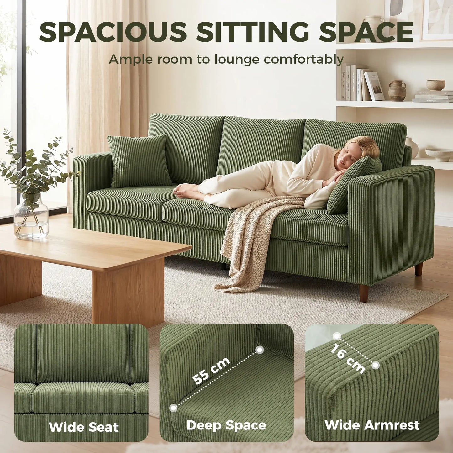 3 Seater Corduroy Sofa, Deep Seat Spring Cushion, Green 3-Seater Sofas at Gallery Canada