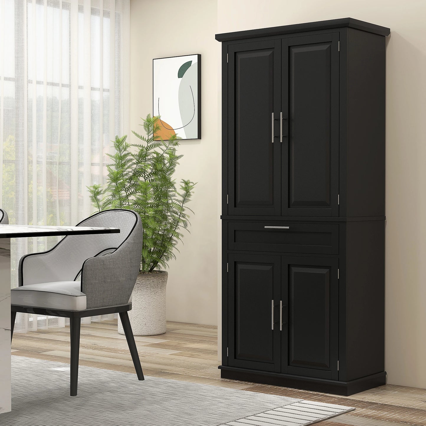 72" Kitchen Pantry Cabinet, 4-Door with Drawer, Adjustable Shelves, Black Kitchen Pantry Cabinets at Gallery Canada
