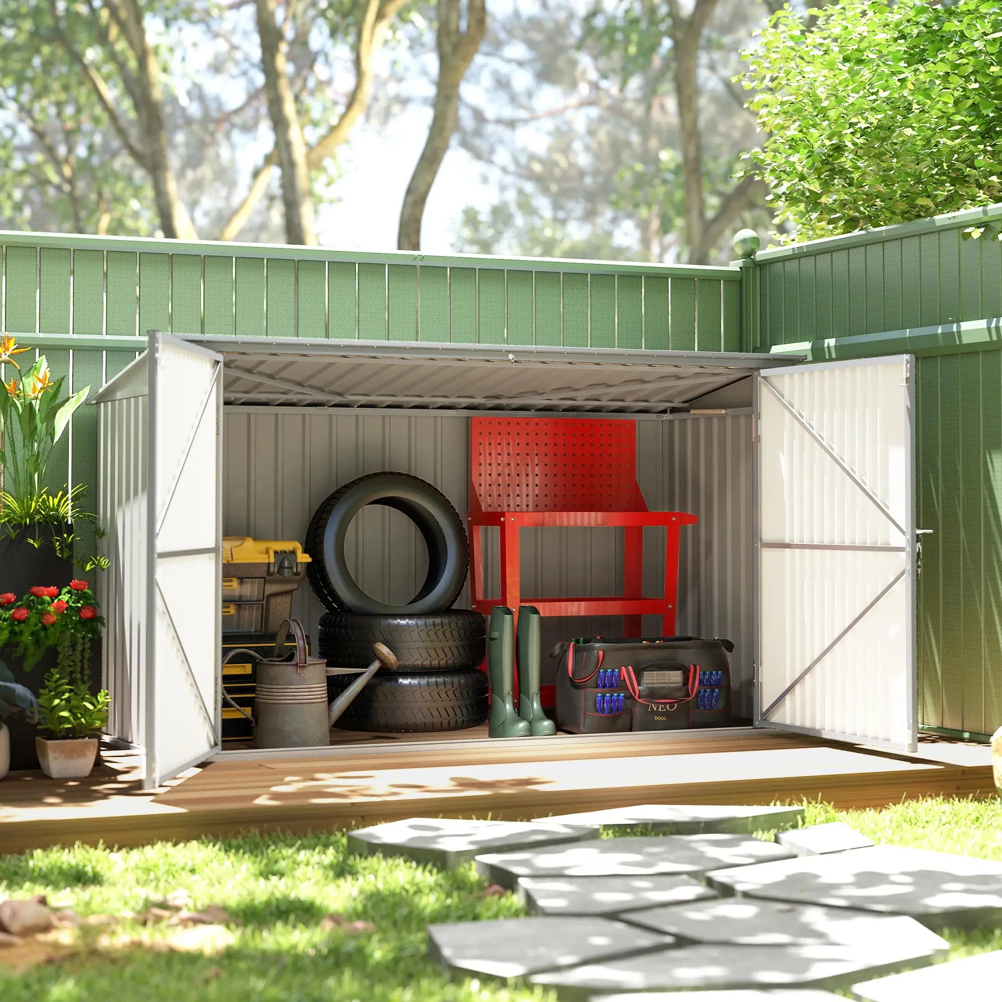 7.6 x 3.4ft Storage Shed, 3 Bin Organizer, Lockable Doors, Silver Grey Sheds at Gallery Canada