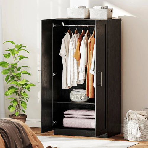 Modern Armoire Wardrobe Cabinet, 2 Doors With Hanging Rod, Black Wood Effect, Black