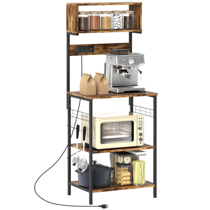 Baker's Rack with Charging Station, Microwave Shelf, Rustic Brown Storage Cabinets at Gallery Canada