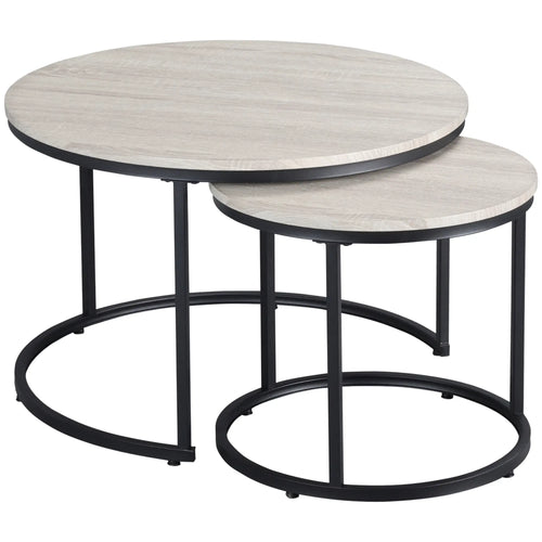 Nesting Coffee Tables Set of 2, Round, Metal Frame, Wood Grain, Grey