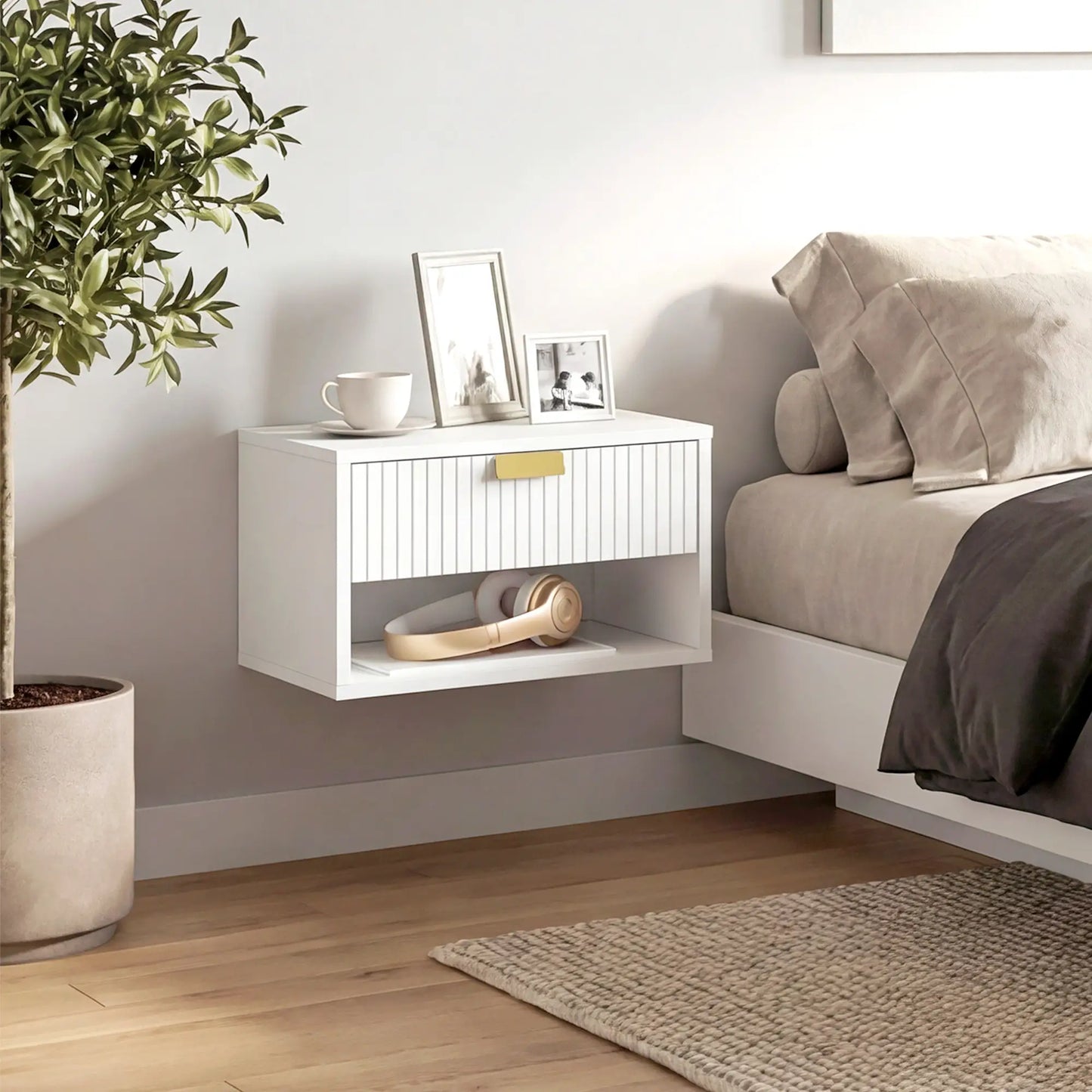 Set of 2 Floating Nightstands, Wall Mounted with Fluted Drawer and Shelf, White Bedside Tables at Gallery Canada