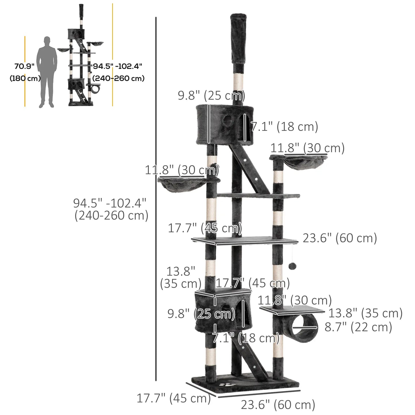 94"-102" Cat Tree, Floor to Ceiling, Multi-Level Play House, Dark Grey Floor to Ceiling Cat Trees at Gallery Canada
