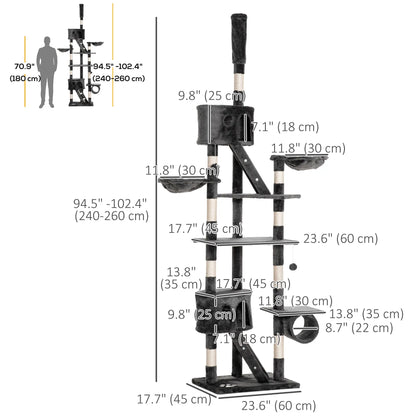 94"-102" Cat Tree, Floor to Ceiling, Multi-Level Play House, Dark Grey Floor to Ceiling Cat Trees at Gallery Canada