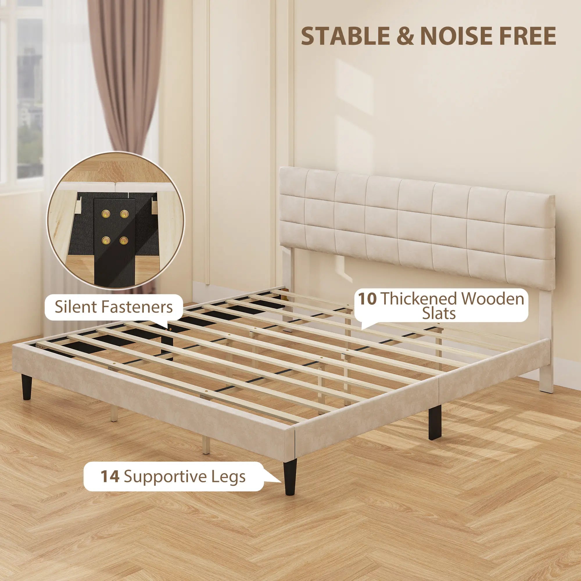 King Size Bed Frame, Upholstered Headboard, Wood Slats, 1100 lbs, Cream Bed Frames at Gallery Canada