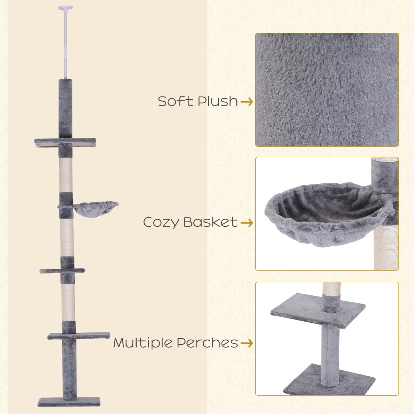 8.5ft Cat Climbing Tree, 5-Tier Activity Center, Scratching Post, Grey Floor to Ceiling Cat Trees at Gallery Canada