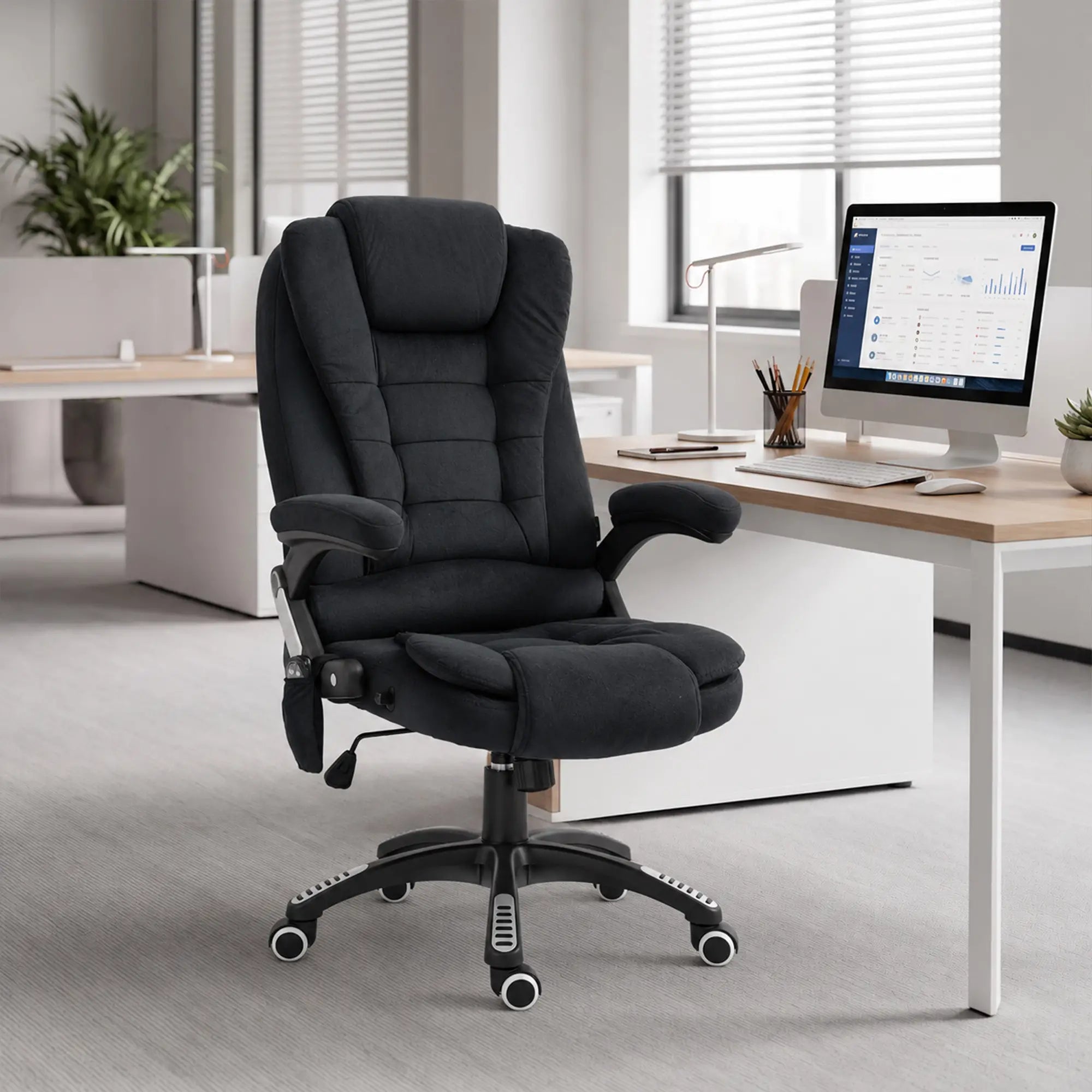 6 Point Vibrating Massage Office Chair, High Back, Reclining, Swivel Wheels, Black Massage Chairs at Gallery Canada