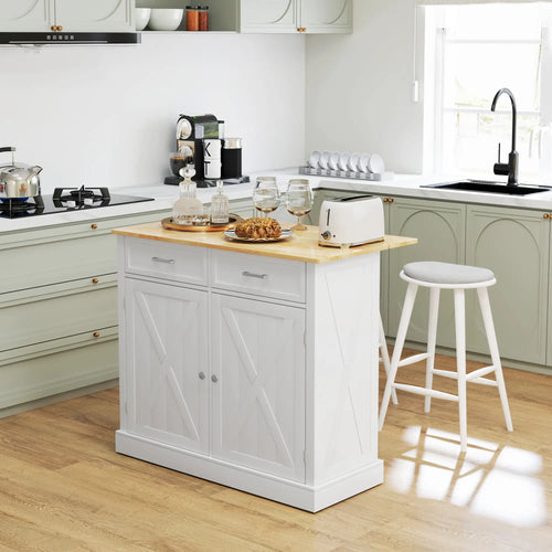 Rolling Kitchen Island, Drop Leaf, 2 Drawers, Adjustable Shelves, White