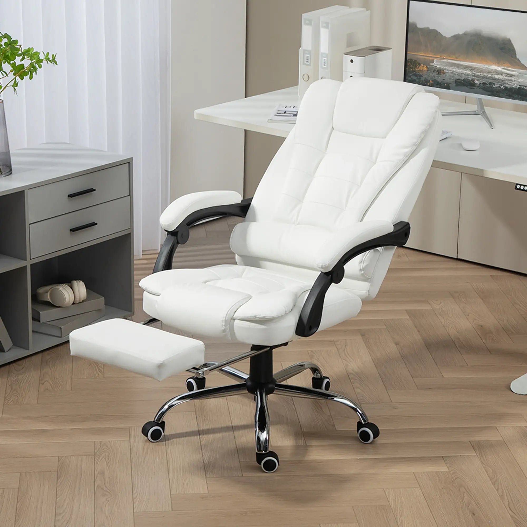 High Back Office Chair, PU Leather, Retractable Footrest, Padded Armrest, White Executive & Manager Chairs at Gallery Canada