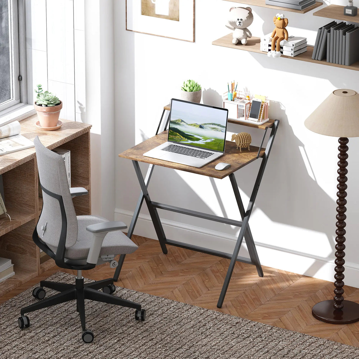 27.6" Folding Computer Desk, Rustic Brown, Monitor Shelf Writing Desks at Gallery Canada