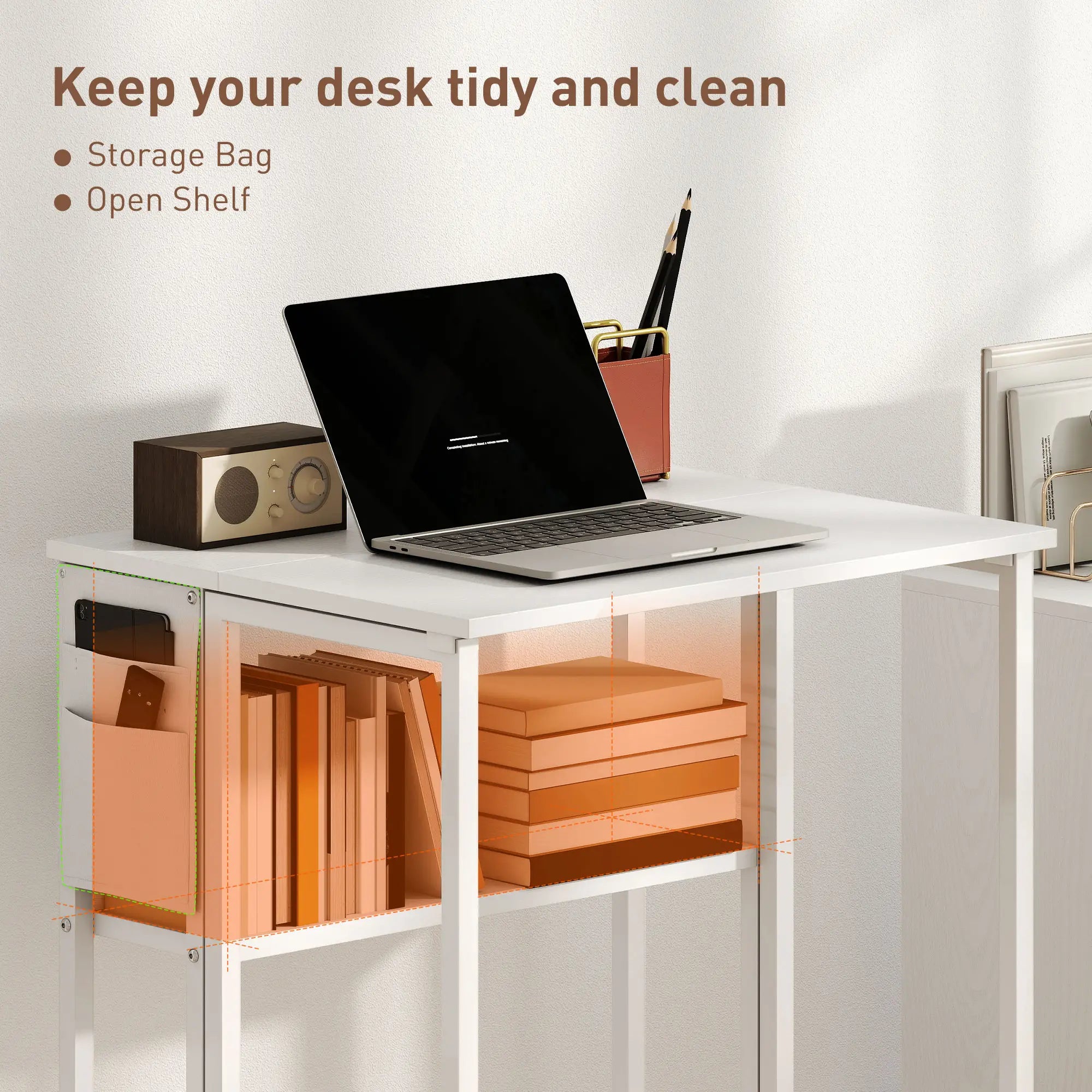 Folding Computer Desk with Storage Bag Shelf and Wheels White, White Writing Desks at Gallery Canada
