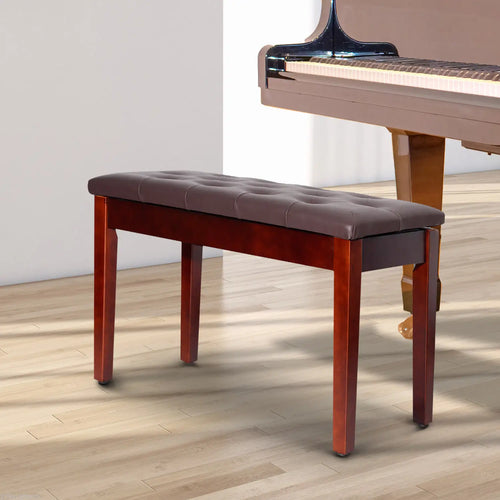 Faux Leather Padded Piano Bench, Double, Music Storage, Brown