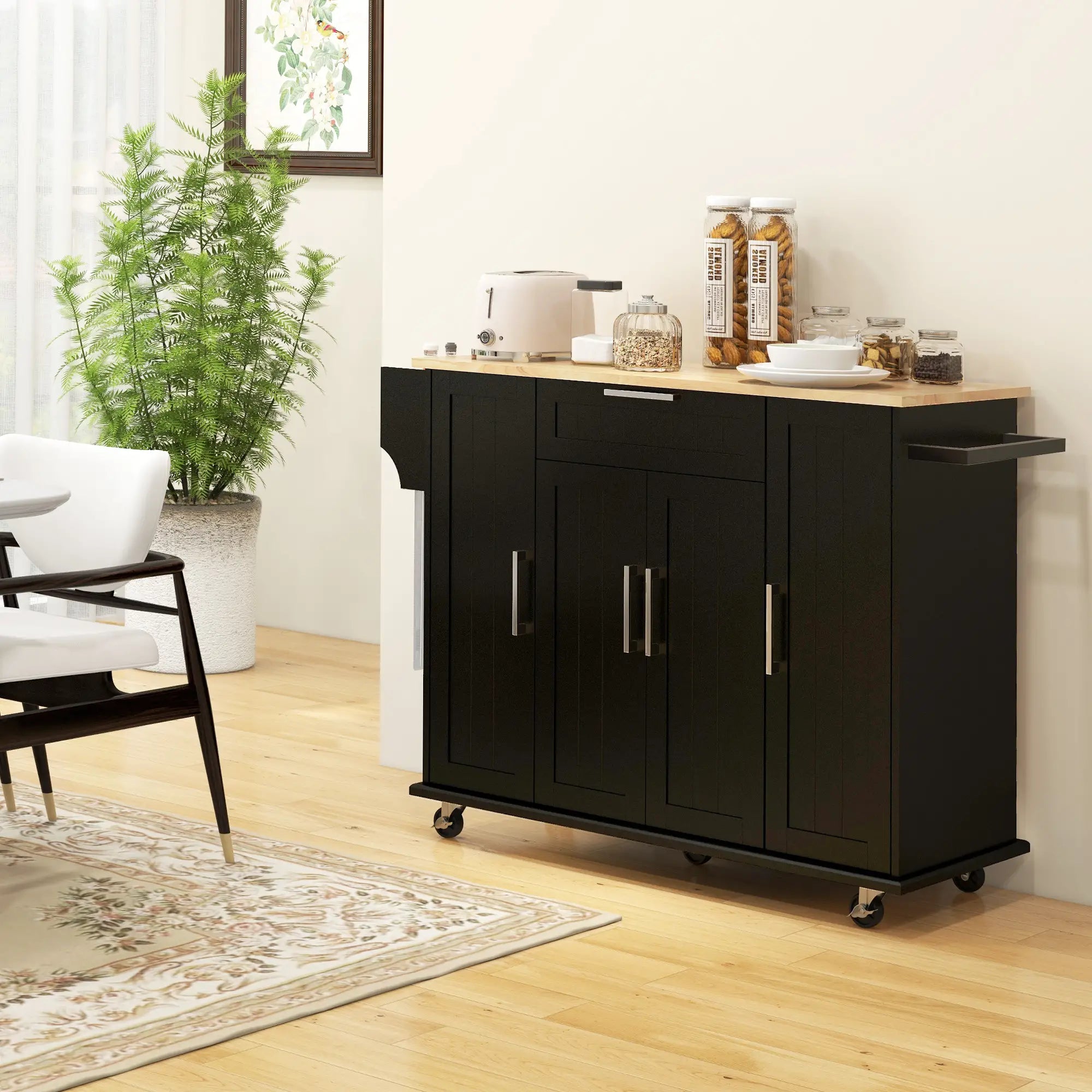 Modern Rolling Kitchen Island Cart, Natural Wood Top, Black Kitchen Islands & Kitchen Carts at Gallery Canada