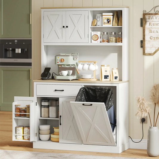 69 Inch Pantry Cabinet with Charging Station, Microwave Stand, Tilt Out Trash Can, White Kitchen Pantry Cabinets White, Oak at Gallery Canada