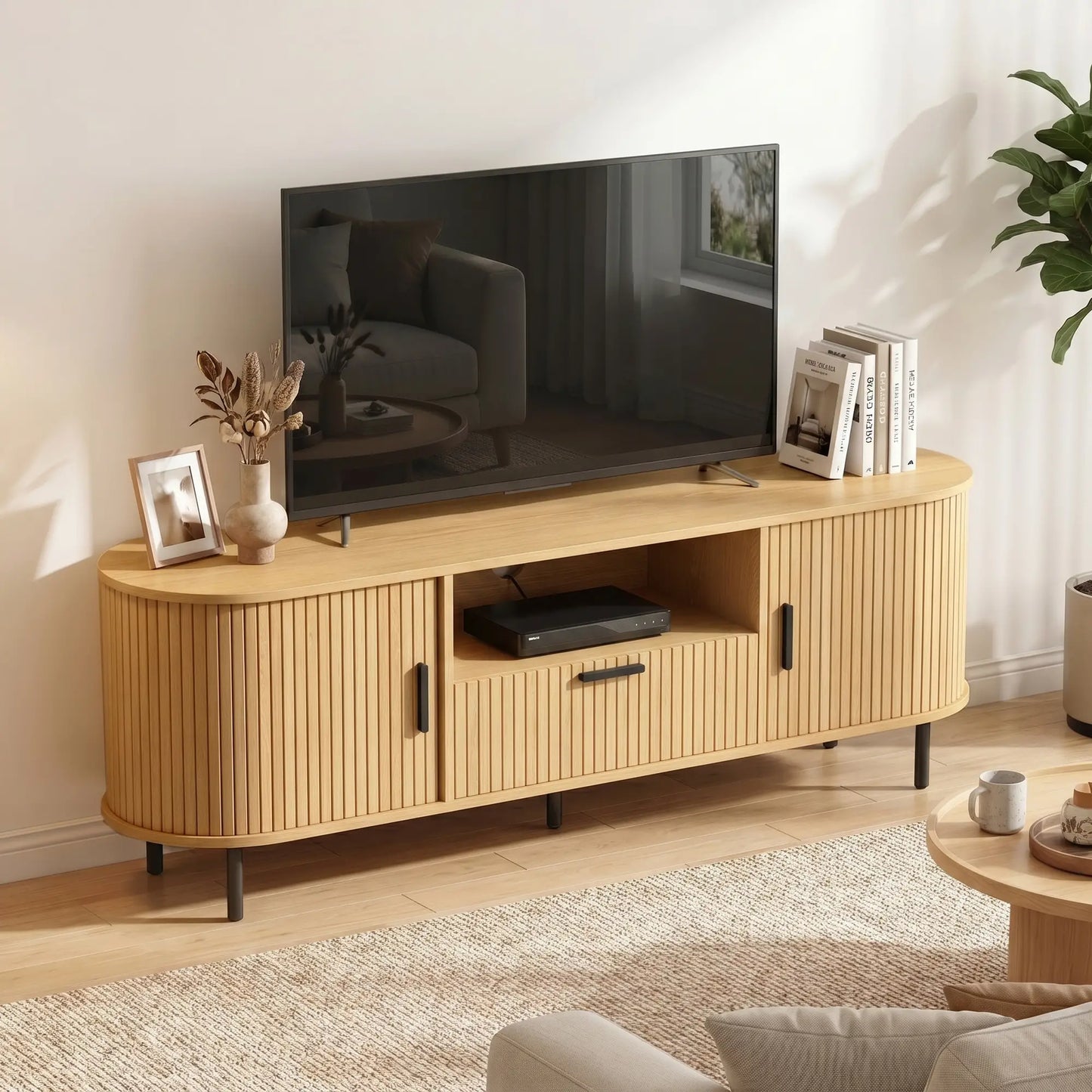 TV Stand for TVs up to 60", Modern Entertainment Center with Curved Sliding Doors and Storage, Natural Wood TV Stands at Gallery Canada