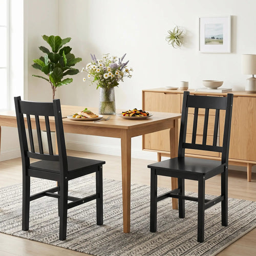 Set of 2 Kitchen Chairs with Slat Back, Black