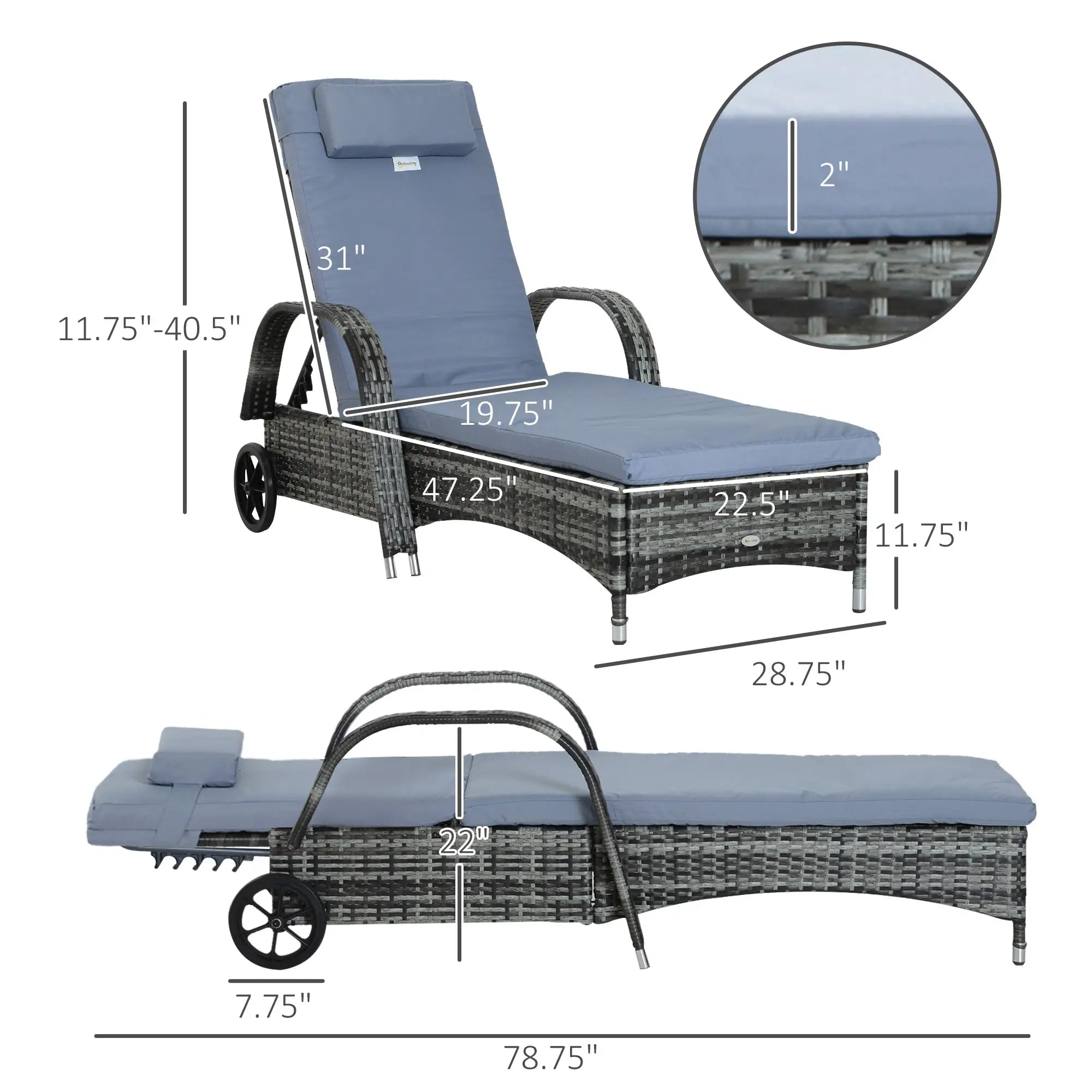 Wicker Chaise Lounge, Outdoor PE Rattan Sun Lounger, Adjustable Backrest, Cushion, Wheels, Mixed Grey, Grey Chaise Loungers at Gallery Canada