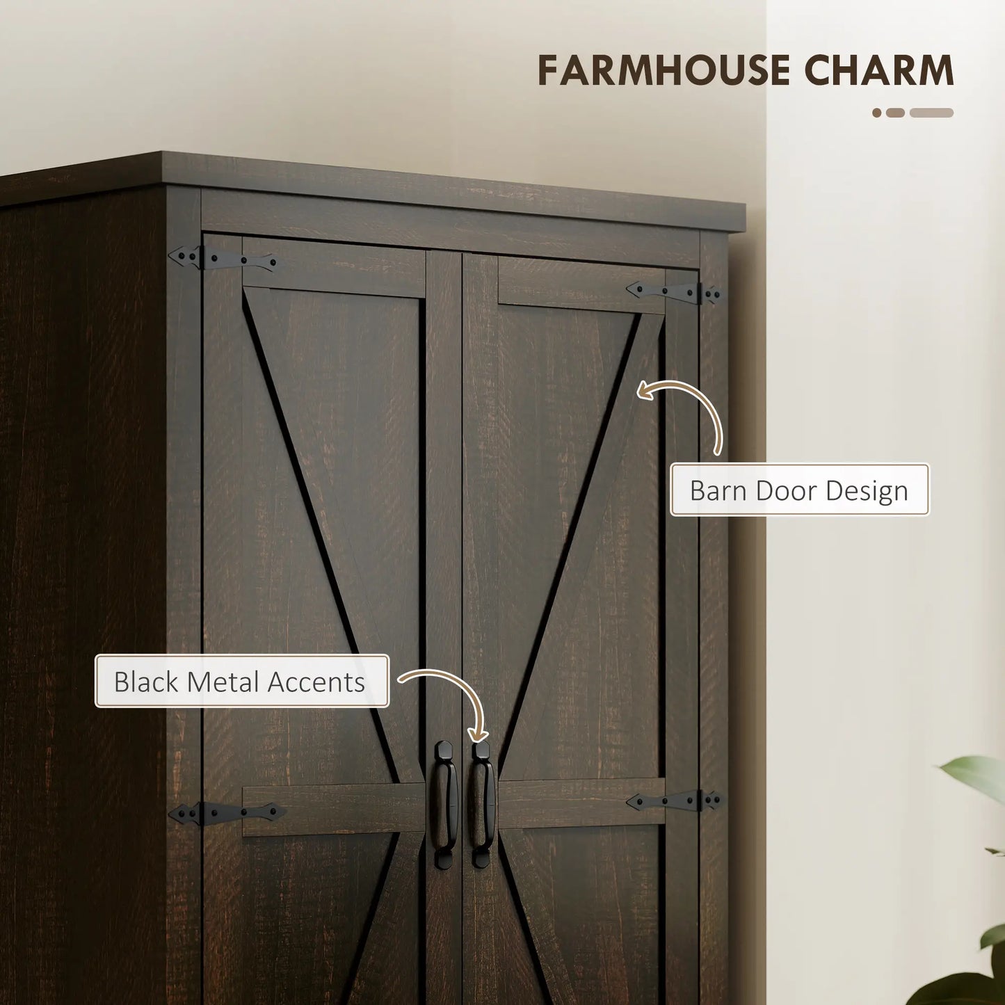 Farmhouse Kitchen Pantry Cabinet, 64", Distressed Dark Brown Kitchen Pantry Cabinets at Gallery Canada