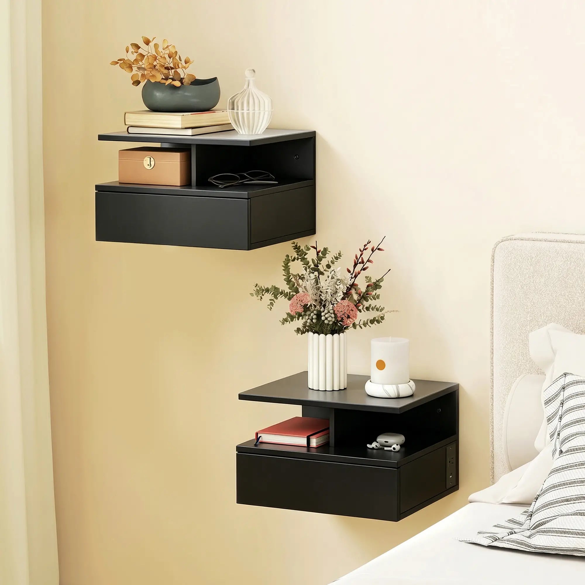 Floating Nightstand Set of 2, Wall Mounted Bedside Table with with Power Outlets, Drawer and Shelf, Black Bedside Tables at Gallery Canada