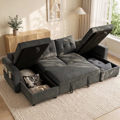 U Shaped Sectional Sofa Bed, 113" Pull Out Sleeper, Dark Grey 3-Seater Sofas at Gallery Canada