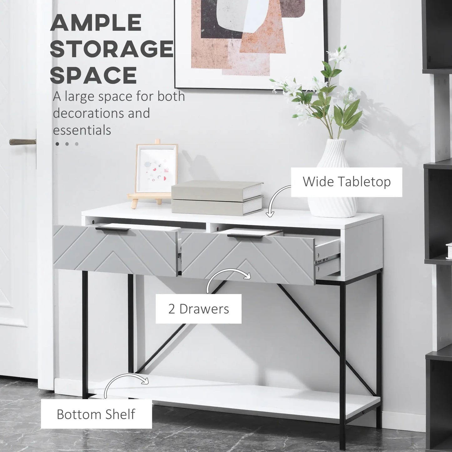 Modern Console Table with 2 Drawers, 2 Tier Entryway Table with Shelf, White Console Tables at Gallery Canada