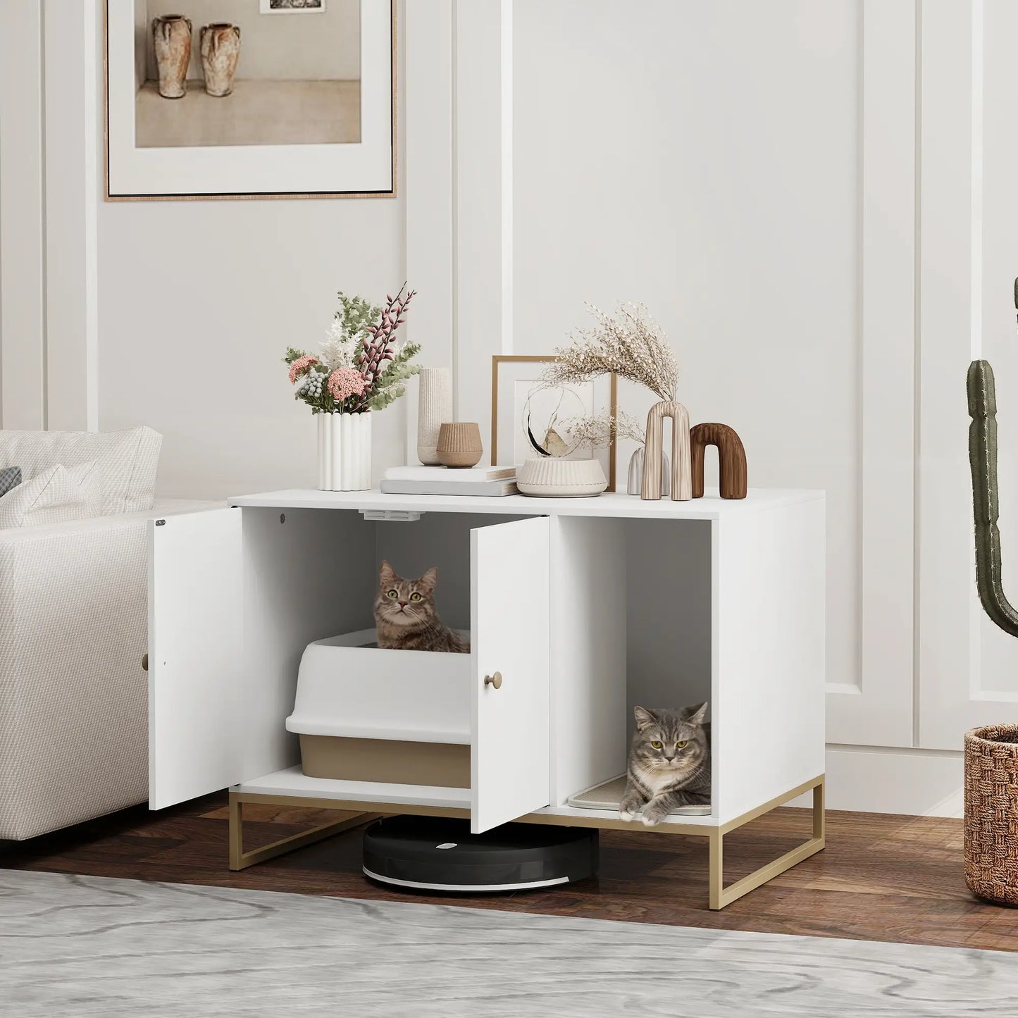 Cat Litter Box Enclosure, Tall Legs, Litter Mat, 31.5" x 20" x 22", White Cat Litter Box Enclosures at Gallery Canada