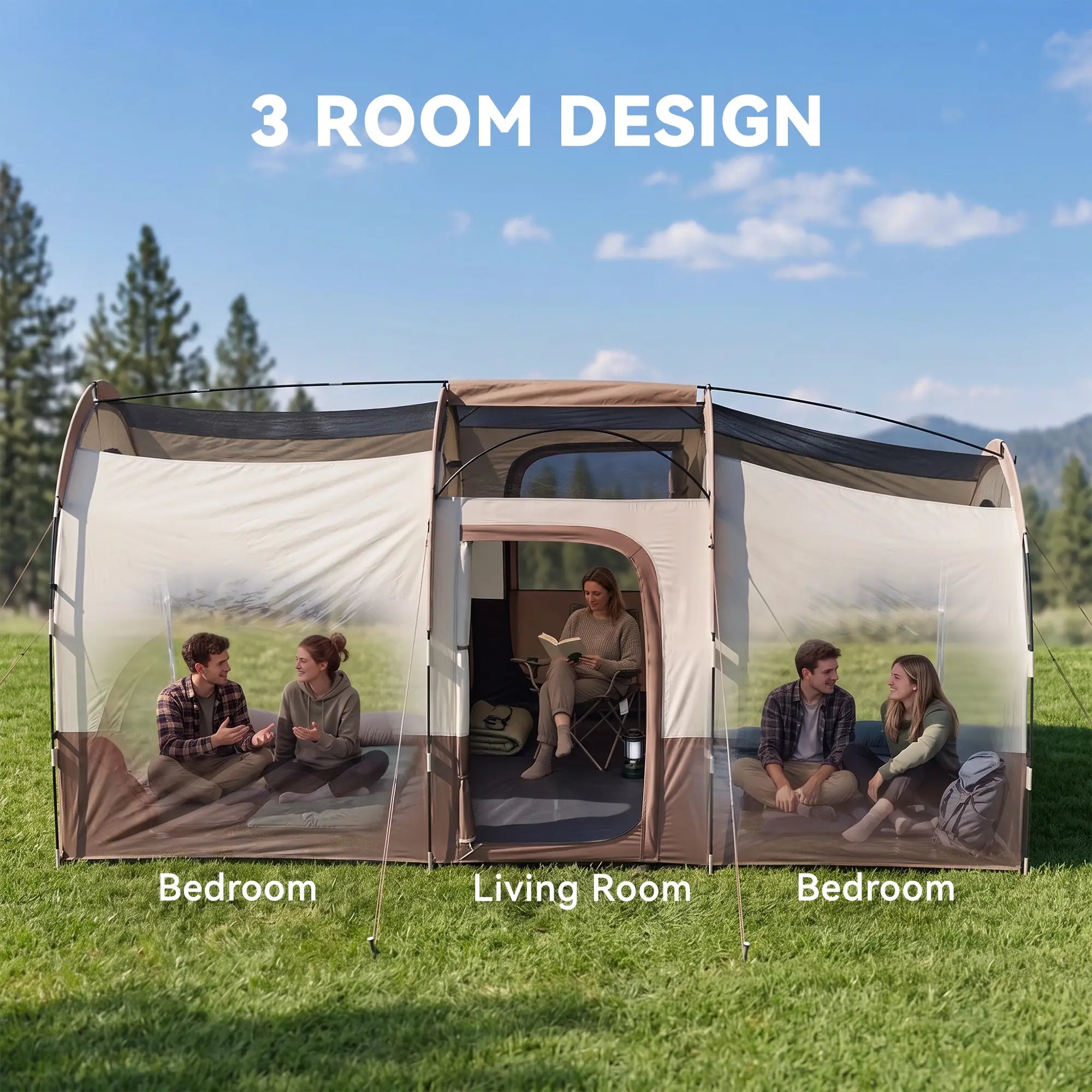 4-6 Person Camping Tent, 3 Room, 3000mm Waterproof, UPF30+, Khaki Camping Tents at Gallery Canada