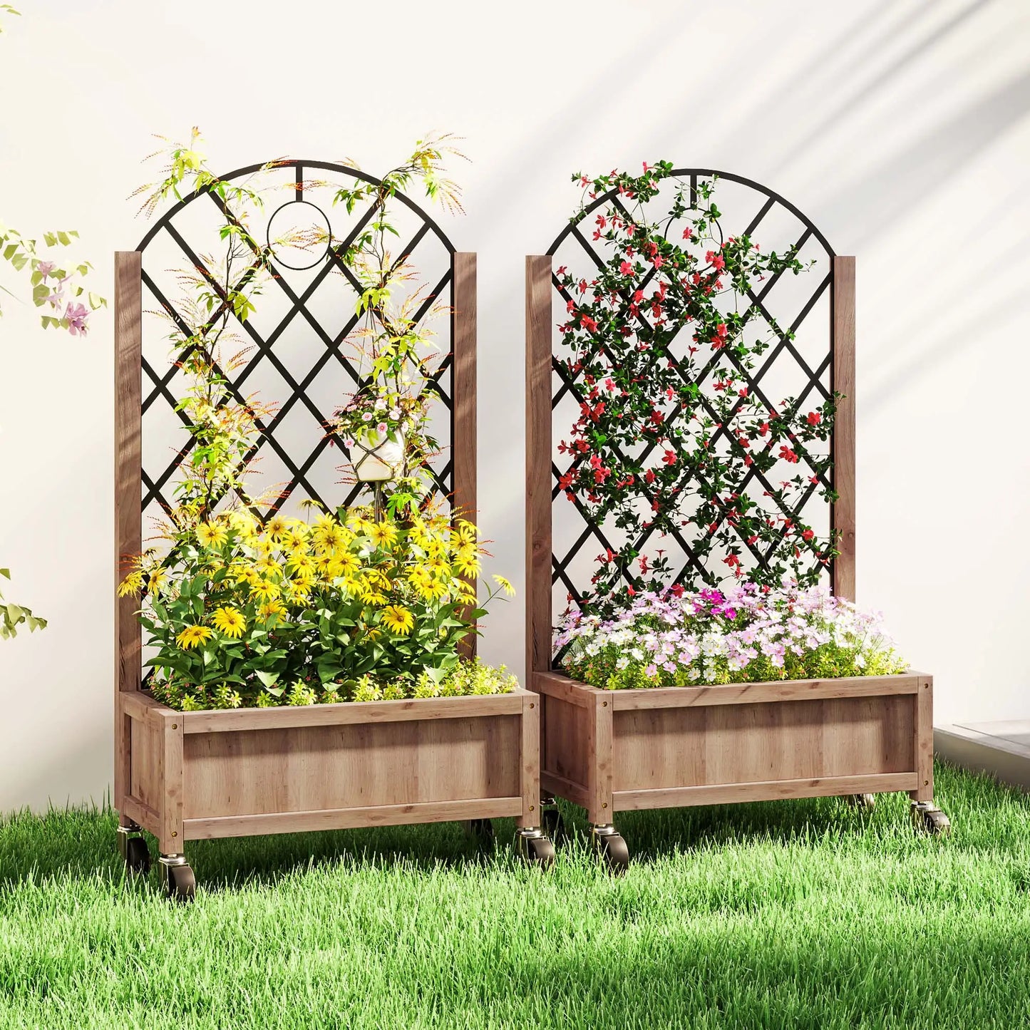 Raised Garden Bed With Metal Trellis, Elevated Planter Box With Wheels, 20.5" x 9.8" x 38.2", Brown Wooden Planter Boxes at Gallery Canada