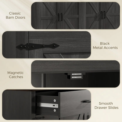 55" Black Buffet Cabinet, Farmhouse Sideboard, 4 Barn Doors, 2 Drawers, Black Storage Cabinets at Gallery Canada