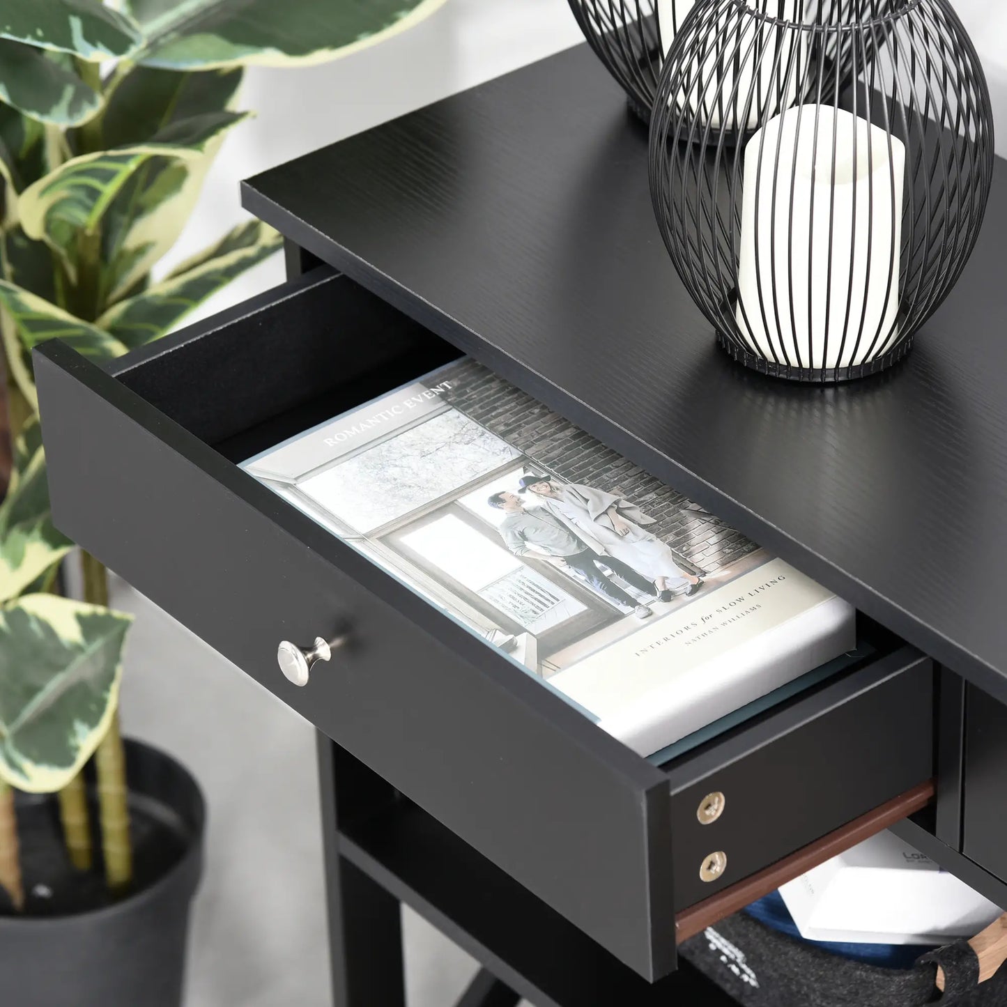 39" Narrow Console Table, Storage Shelves, Drawers, X Frame, Black Console Tables at Gallery Canada