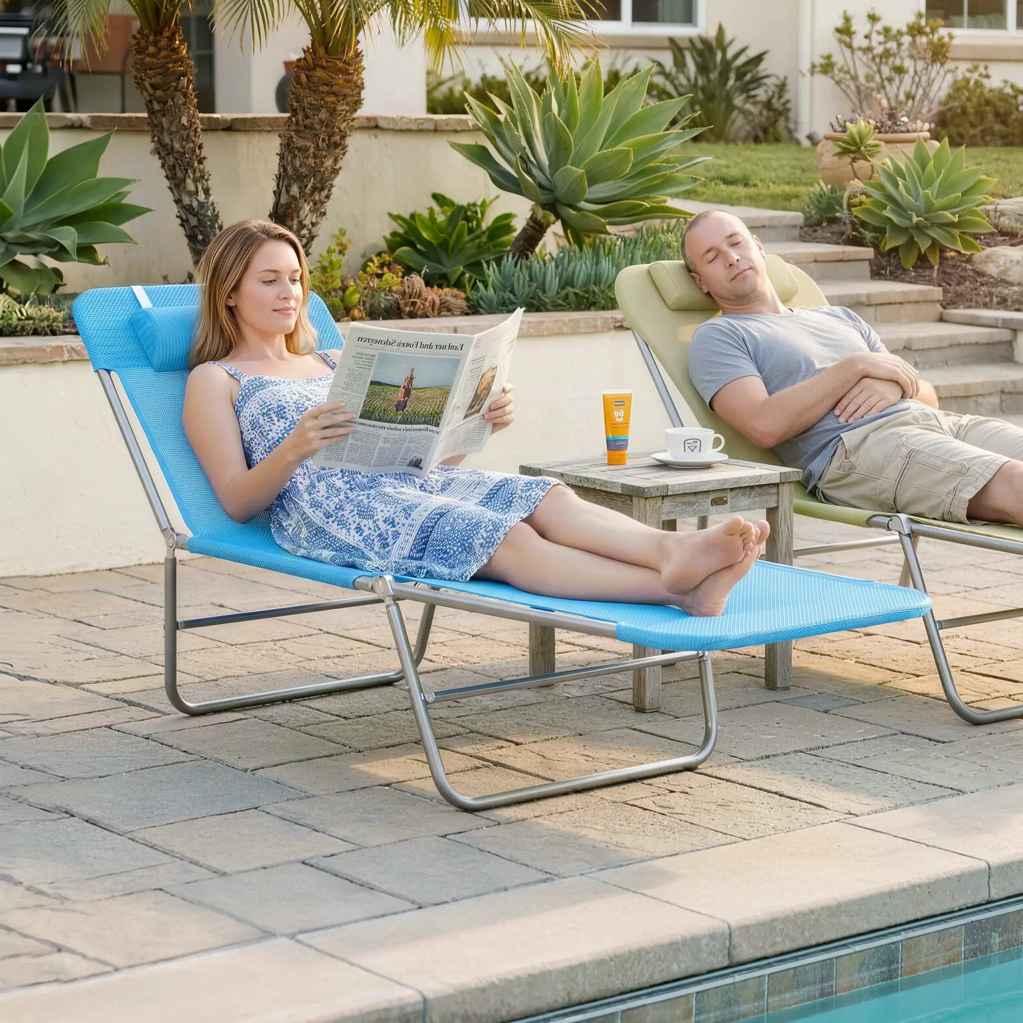 Portable Adjustable Reclining Lounge Chair, Folding Chaise, Blue Lounger Chairs at Gallery Canada
