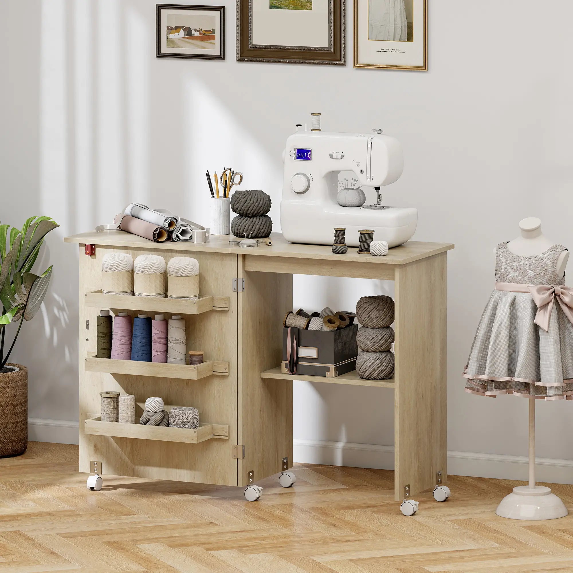 Sewing Machine Cabinet, Folding Table with Storage, Nature Wood Storage Cabinets at Gallery Canada