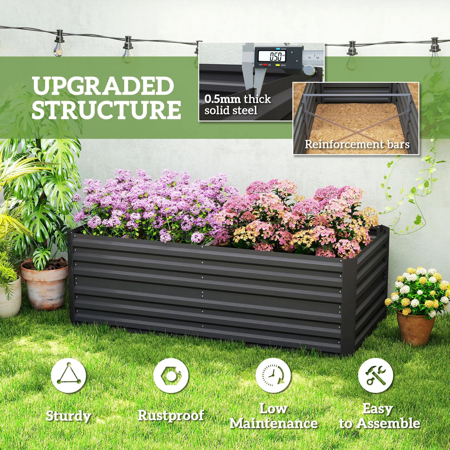 Galvanized Raised Garden Bed, Steel Outdoor Planter, 71" x 35" x 23", Black Raised Garden Beds at Gallery Canada