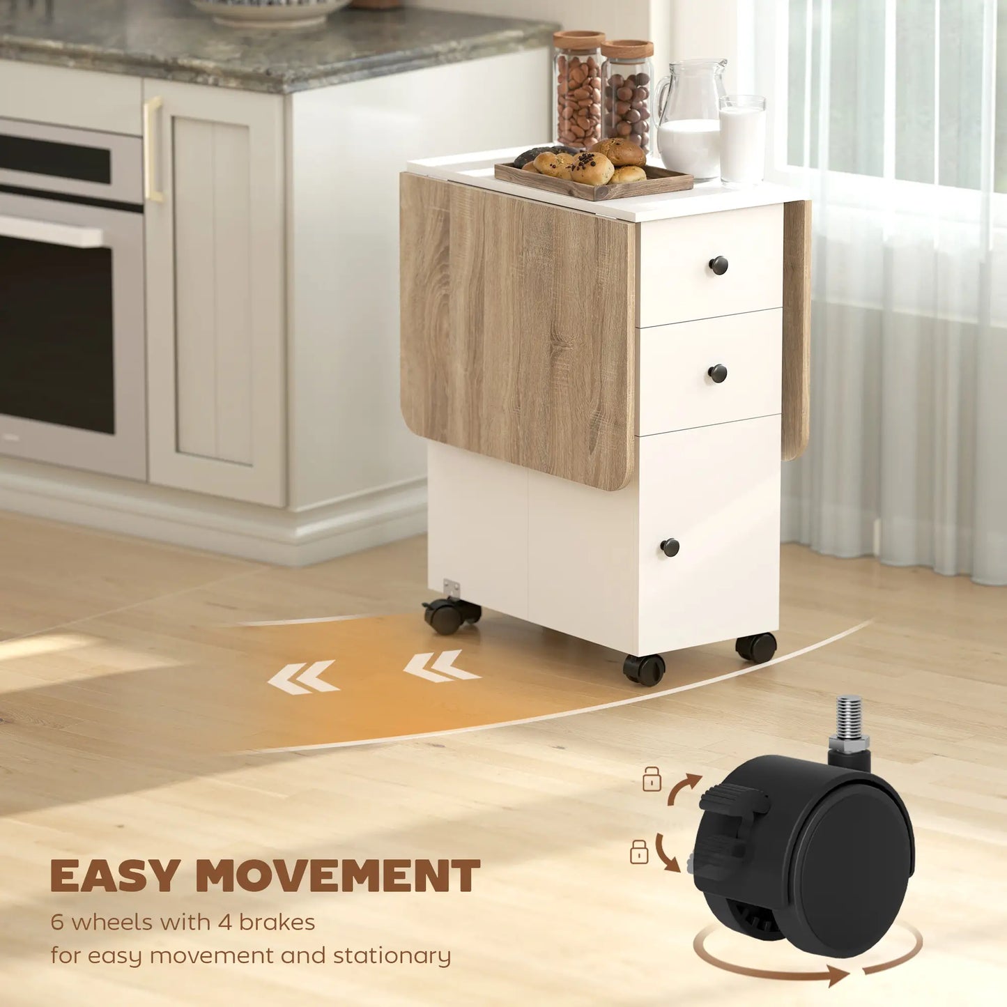 Mobile Drop Leaf Dining Table On Wheels, White And Oak, White Dining Tables at Gallery Canada