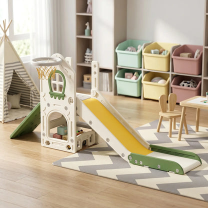 Foldable 4 in 1 Toddler Slide with Climber, Basketball Hoop, Storage Space and Basketball for Ages 1-3 Years, Cream Gym Sets & Swings at Gallery Canada