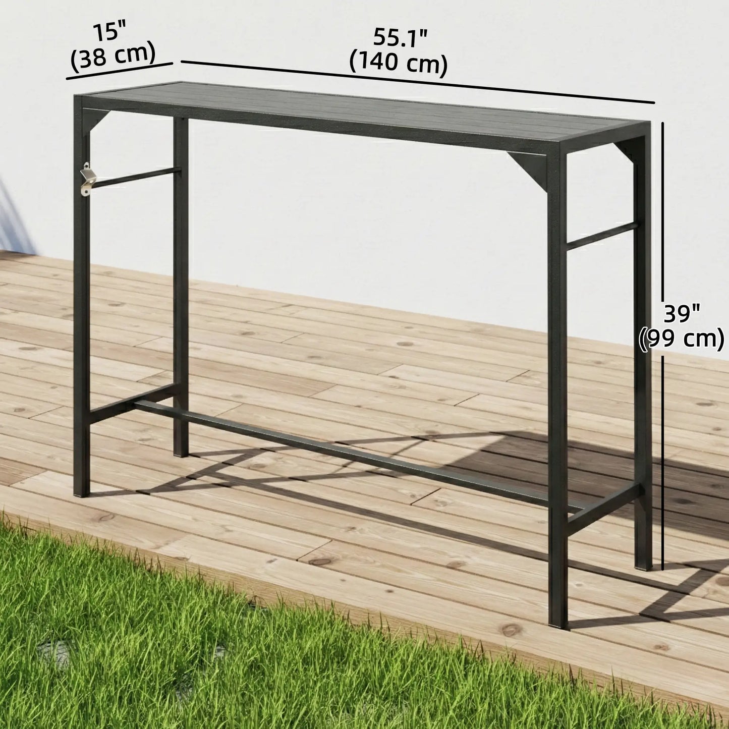Outdoor Bar Table With Bottle Opener, Wood Grain Plastic Top, 55" x 15" x 39" Patio Dining Tables at Gallery Canada